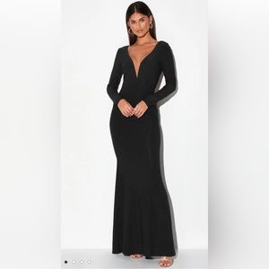 Glamorous in Glitter Black Long Sleeve Backless Maxi Dress